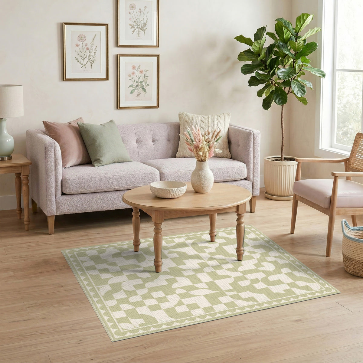 Sage Green Geometric Scalloped Area Rug