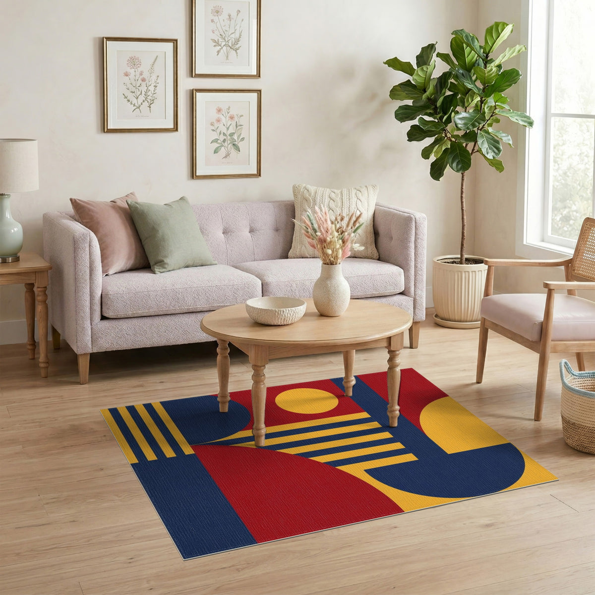 Bold Geometric Red Blue Yellow Area Rug