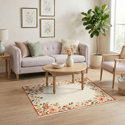 Beige and Neutral Vintage Peach Floral Beige Area Rug