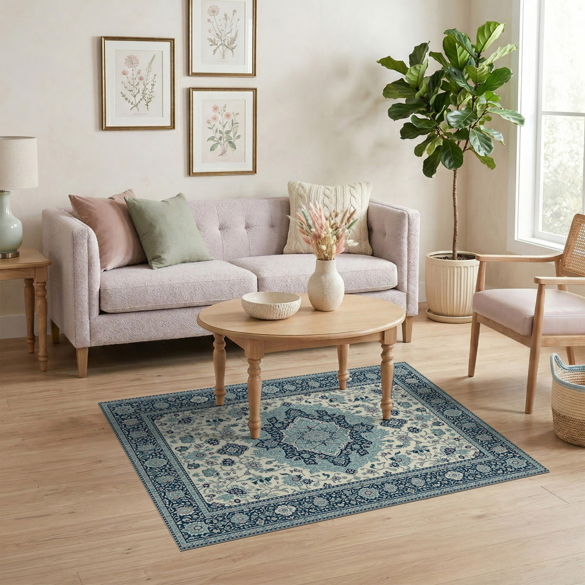 Traditional Persian Blue and Teal Blue Teal Persian Floral Medallion Area Rug
