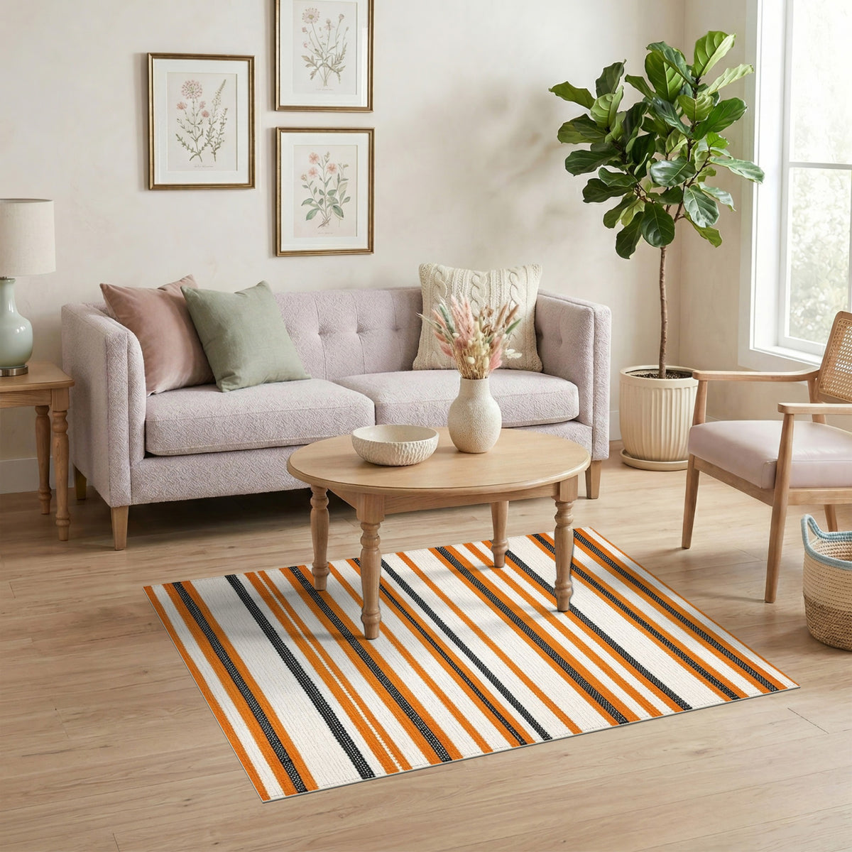 Orange Black Striped Geometric Area Rug