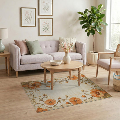 Orange Poppy Floral Vintage Rug