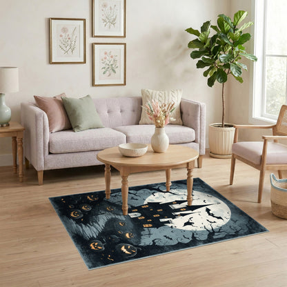 Black and White Haunted Castle Halloween Area Rug
