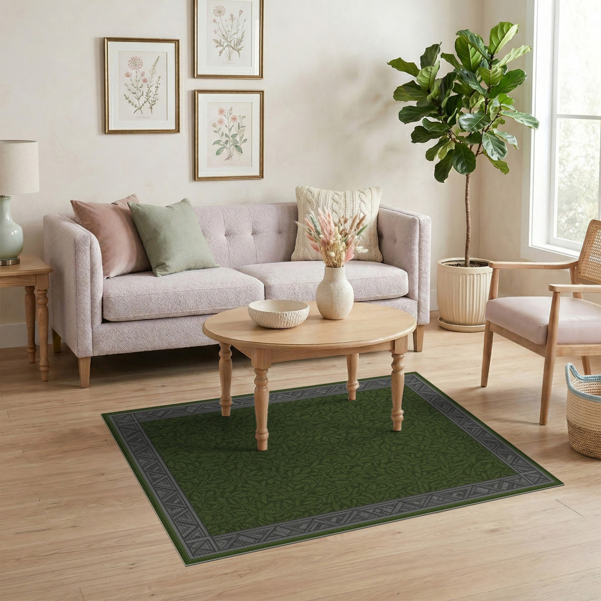 Green Floral Vintage Lush Green Vine Leaf Area Rug