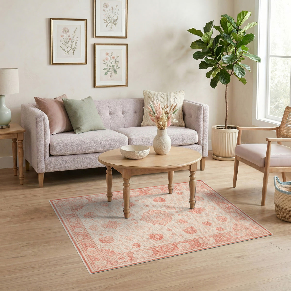 Beige Red Floral Medallion Area Rug