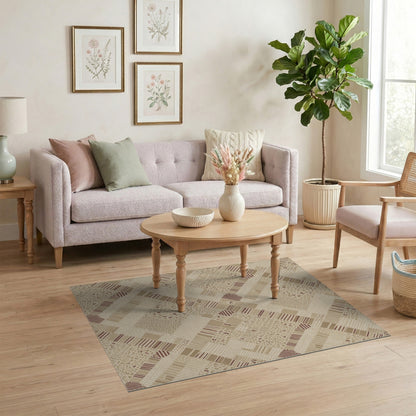 Beige and Neutral Woven Beige Geometric Woven Area Rug