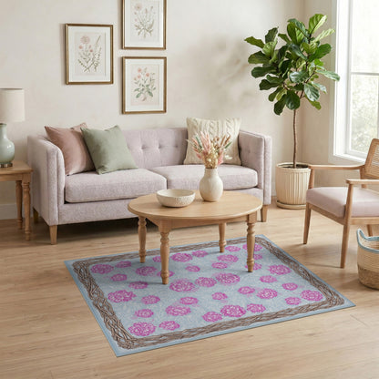 Pink Floral Vintage Area Rug with Woven Border