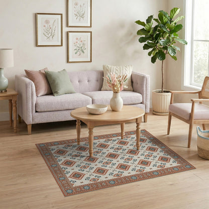 Beige Southwestern Area Rug with Red Teal Diamonds