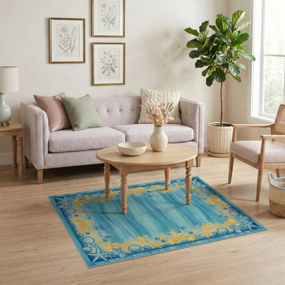 Coastal Blue Wave Seashell Starfish Area Rug