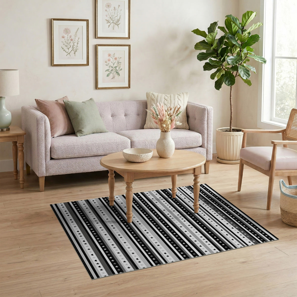 Black White Striped Stars and Hearts Area Rug