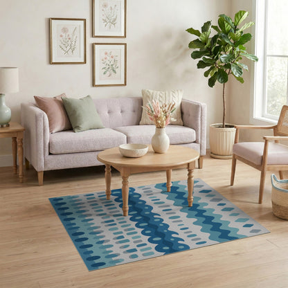 Coastal Beach Blue and Teal Blue Teal Coastal Wave Area Rug