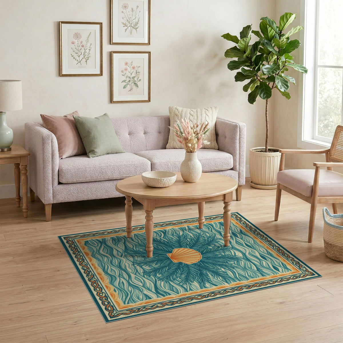 Blue and Teal Coastal Seashell Wave Area Rug