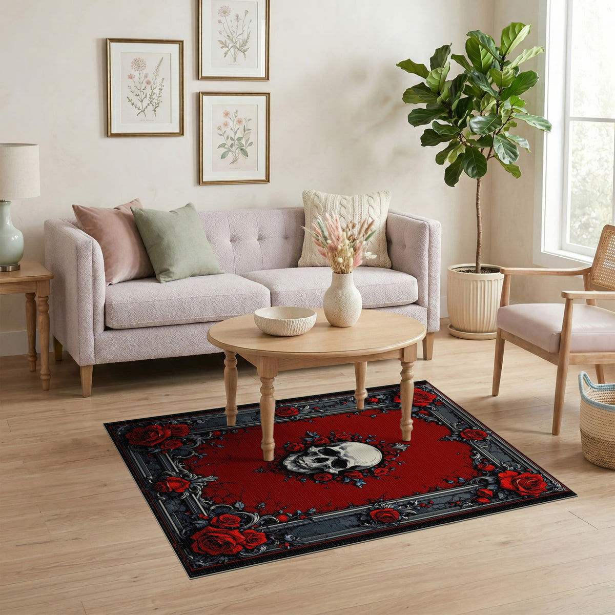 Red Skull Roses Ornate Vintage Area Rug