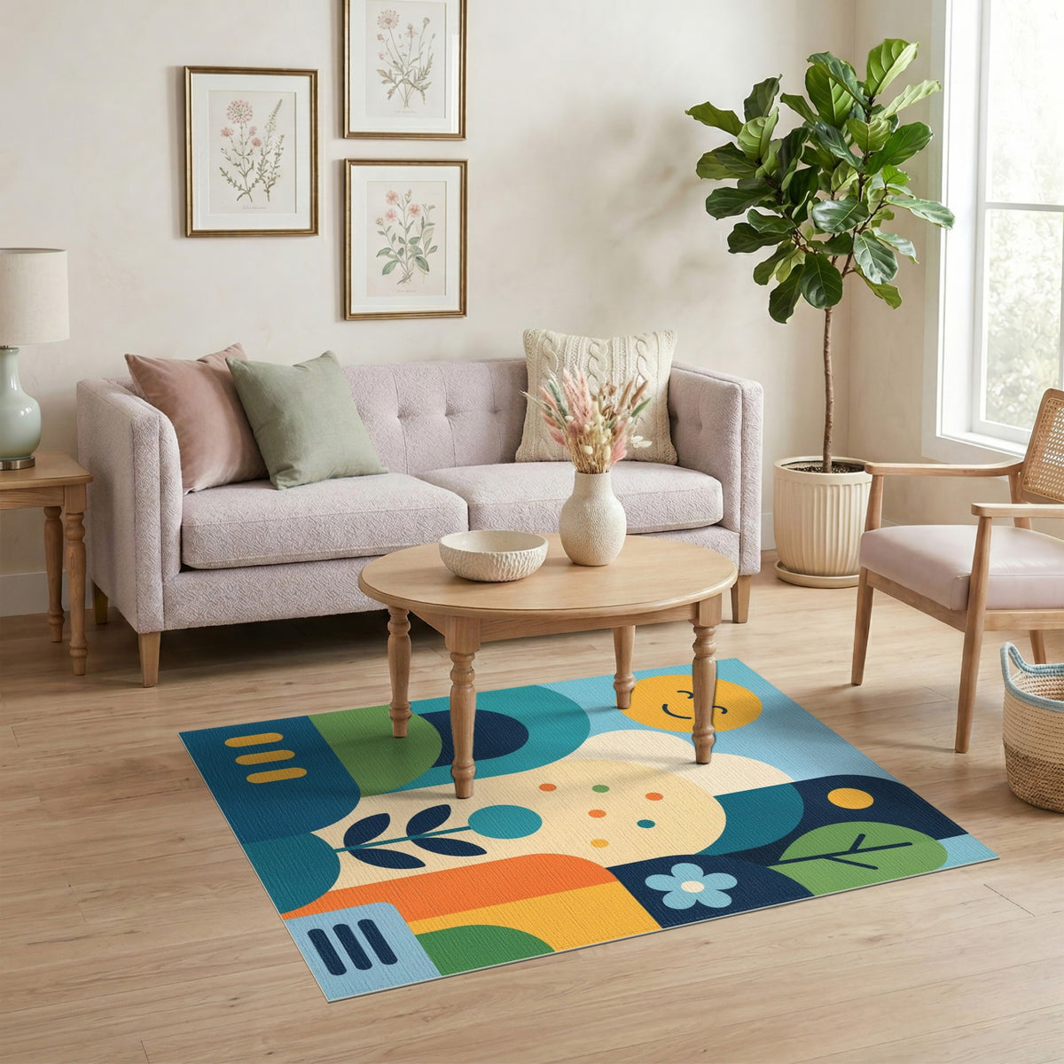 Smiling Sun Blue Teal Kids Cartoon Washable Area Rug