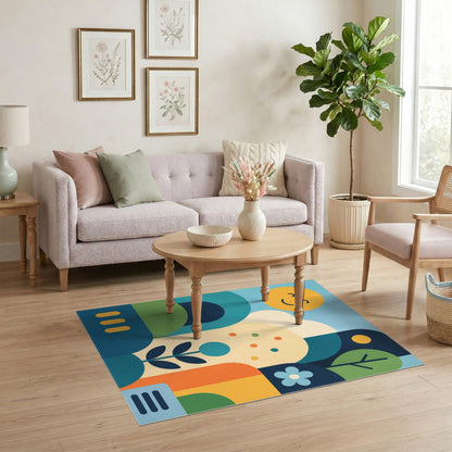 Smiling Sun Blue Teal Kids Cartoon Washable Area Rug