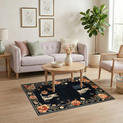 Black and White Black Cat Floral Vintage Area Rug