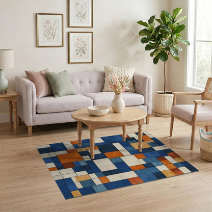 Blue Orange Geometric Modern Area Rug