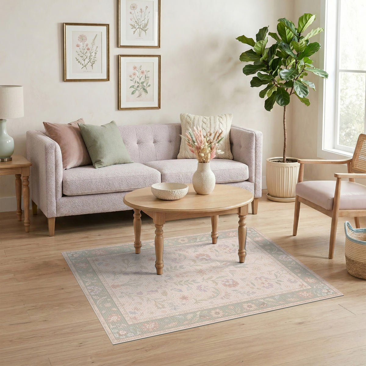 Beige Floral Vintage Area Rug with Sage Border