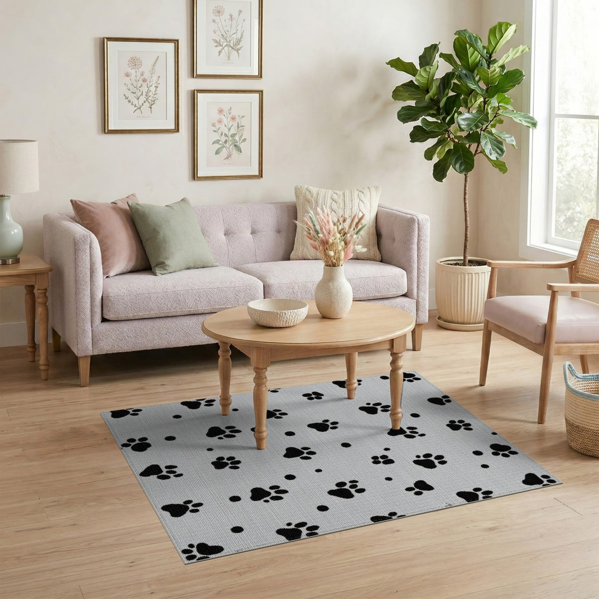 Black Paw Print Washable Kids Area Rug