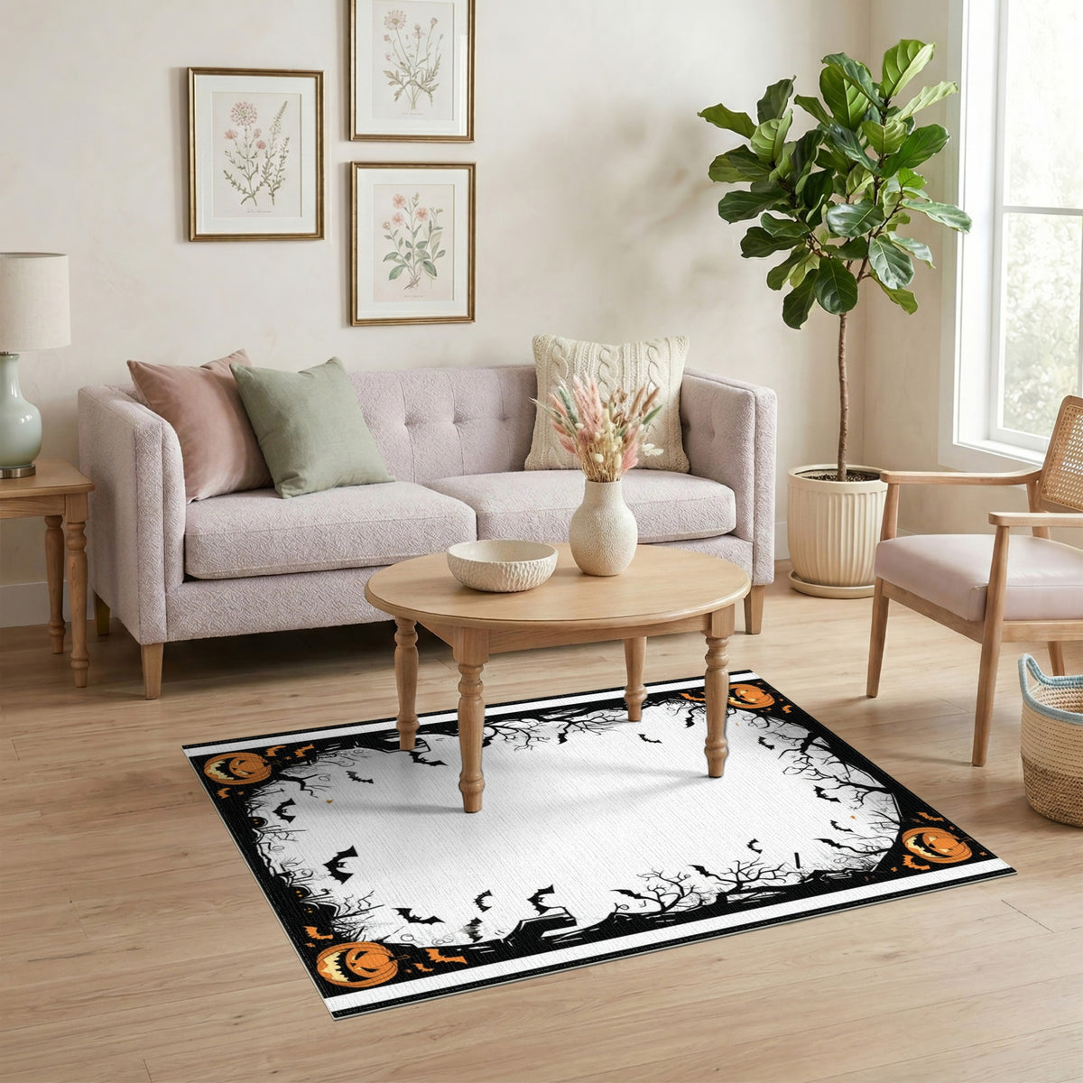 Spooky Halloween Pumpkins and Bats Area Rug