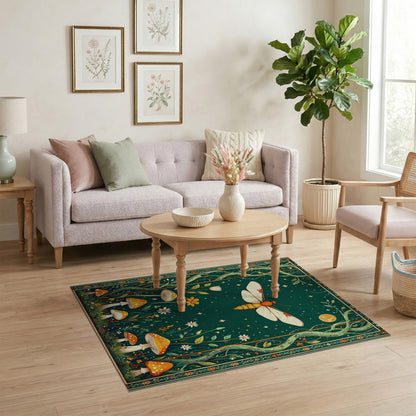 Enchanted Moth Mushroom Green Kids Area Rug