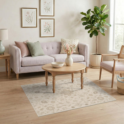 Beige and Neutral Beige Floral Medallion Area Rug