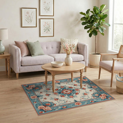 Blue Teal Floral Vintage Medallion Rug
