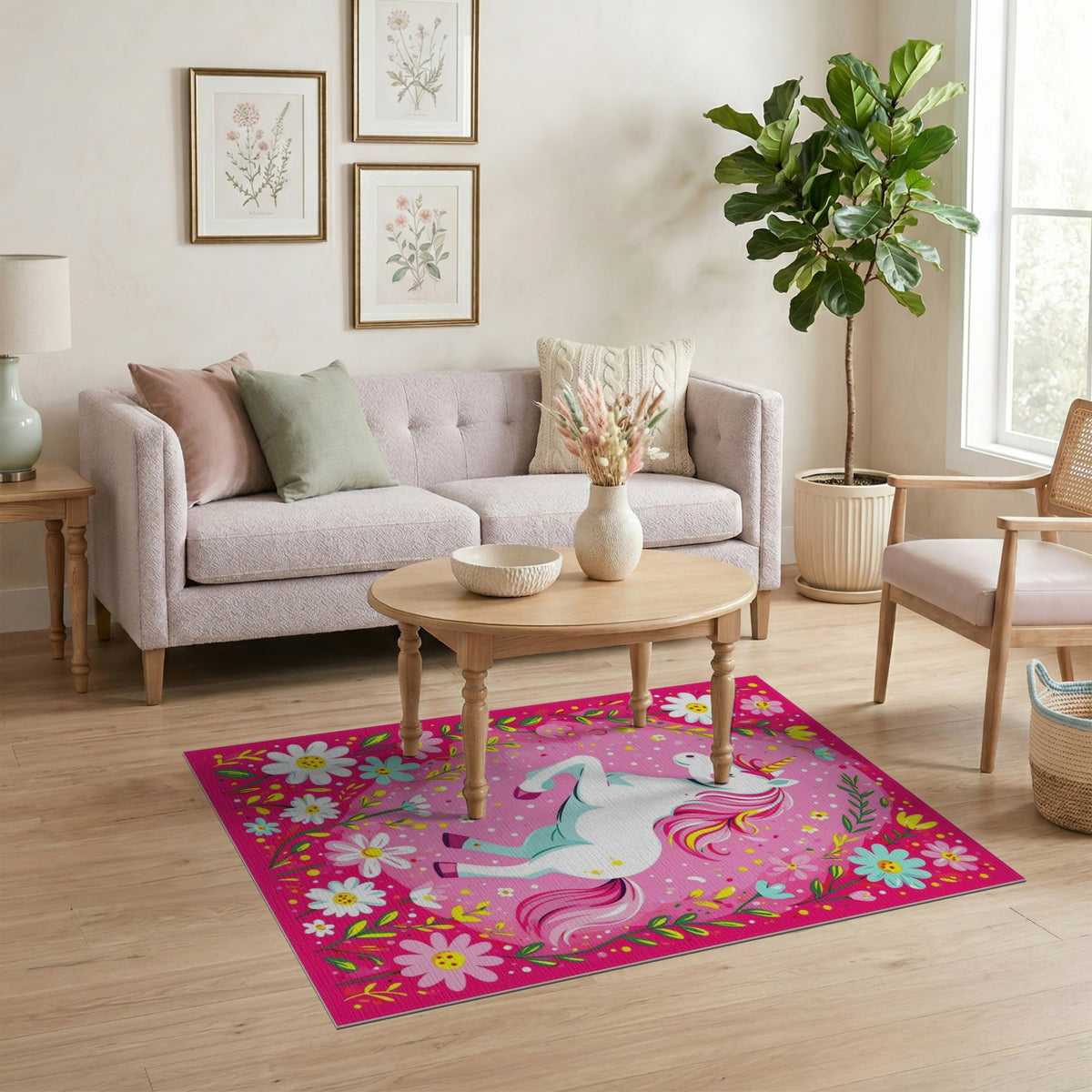 Pink Unicorn Floral Kids Area Rug