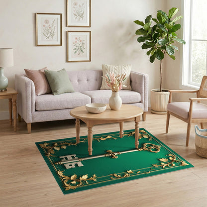 Ornate Gold Key Green Area Rug