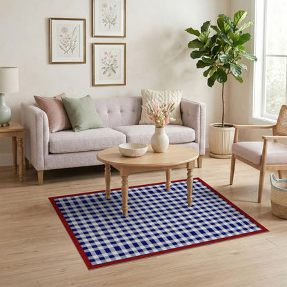 Navy Blue Checkered Rug with Red Border