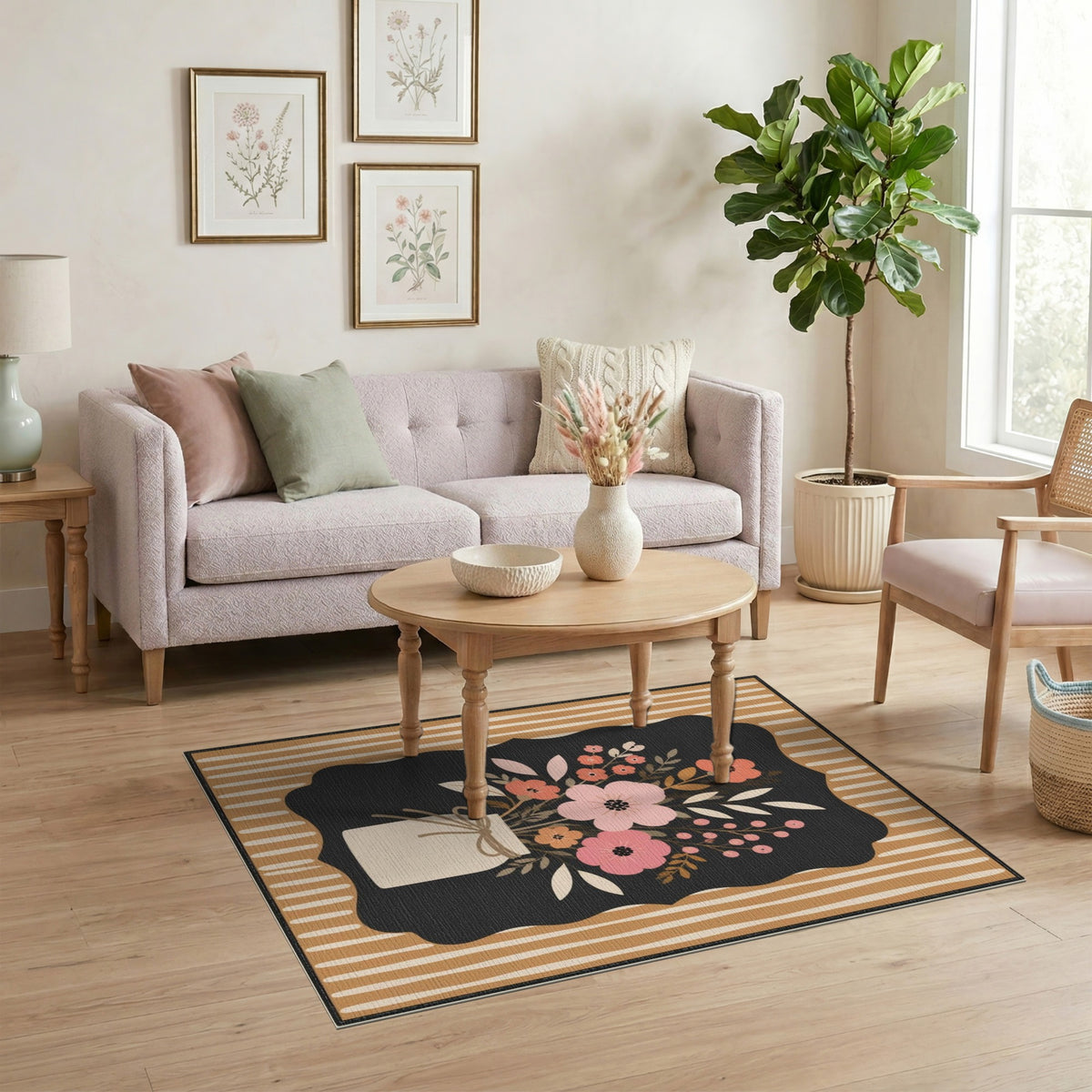 Brown Tan Floral Vase Area Rug