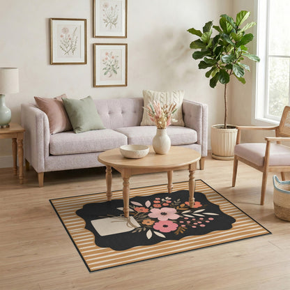 Brown Tan Floral Vase Area Rug