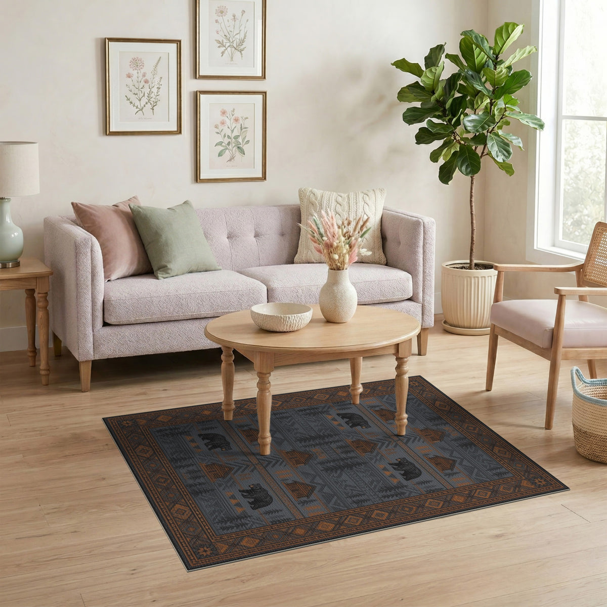 Grey Bear and Cabin Rustic Area Rug