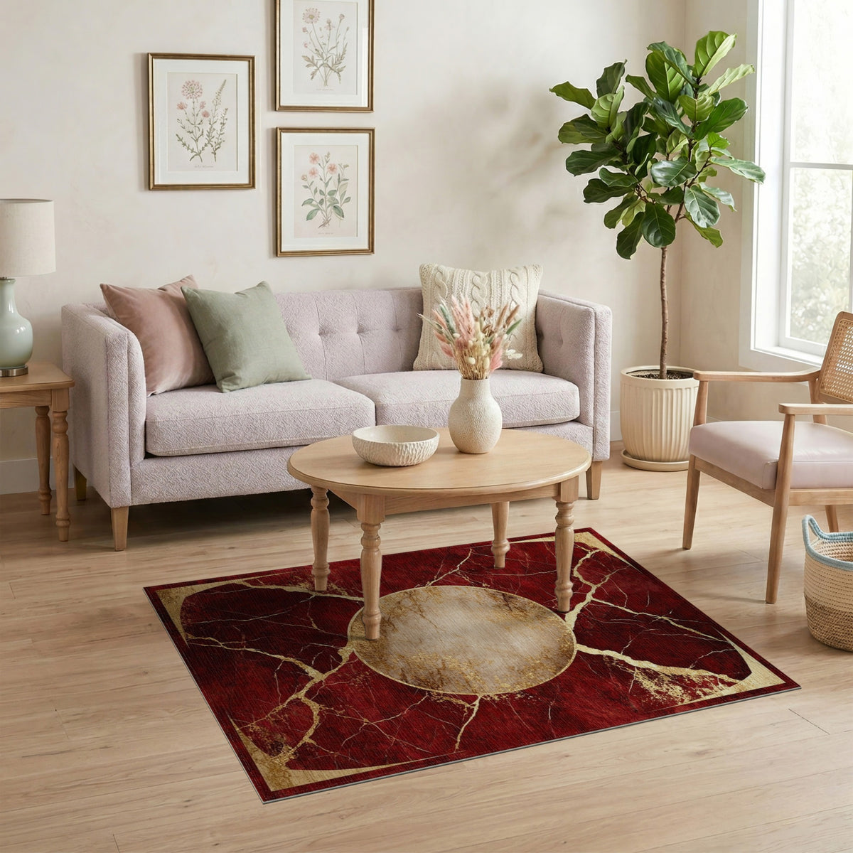 Red Marble Gold Medallion Area Rug