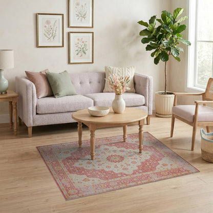 Pink Floral Medallion Vintage Area Rug