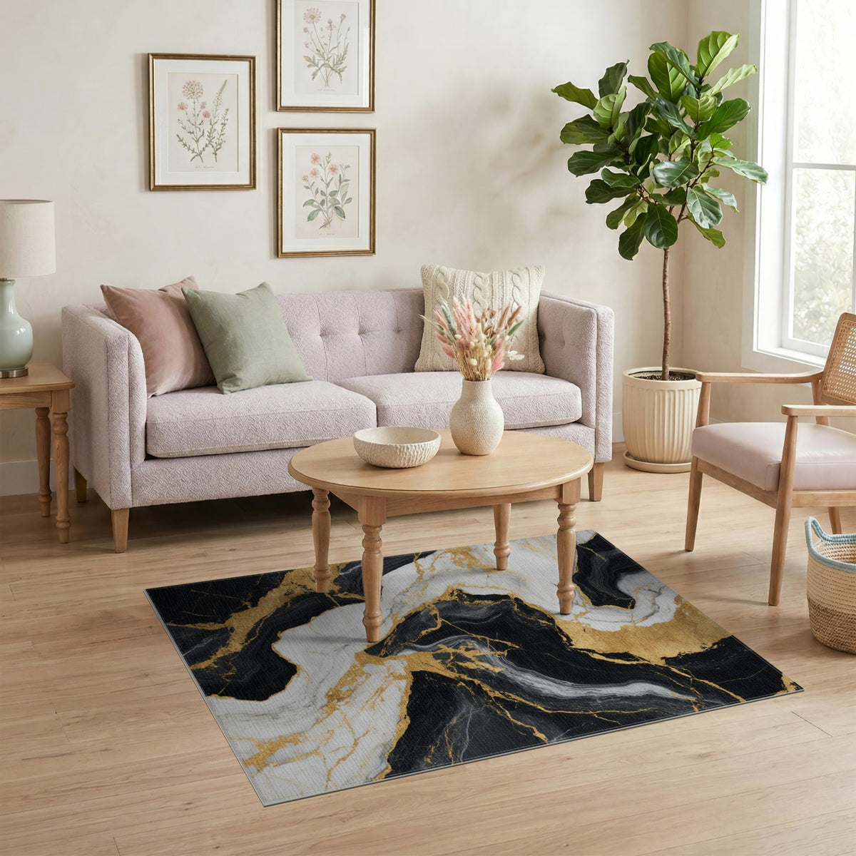 Abstract Area Black and White Black White Gold Marble Area Rug