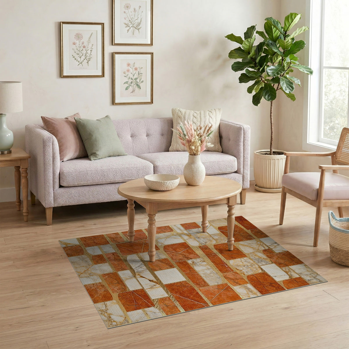 Orange Marble Geometric Mosaic Area Rug