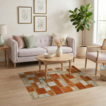 Orange Marble Geometric Mosaic Area Rug