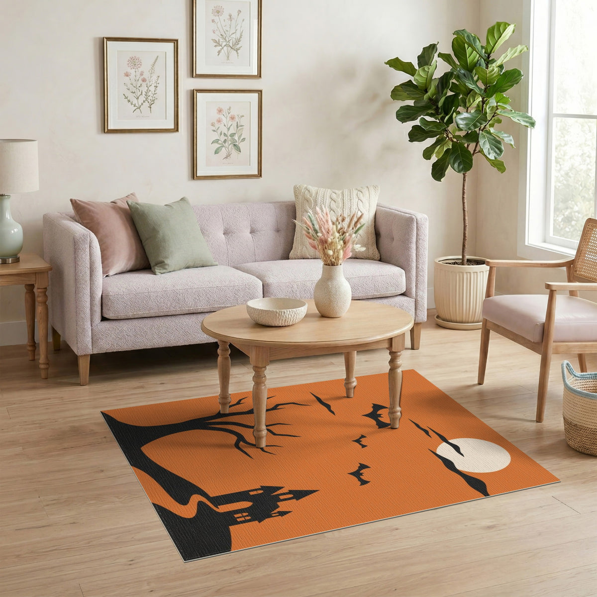 Halloween Castle Bats Orange Area Rug
