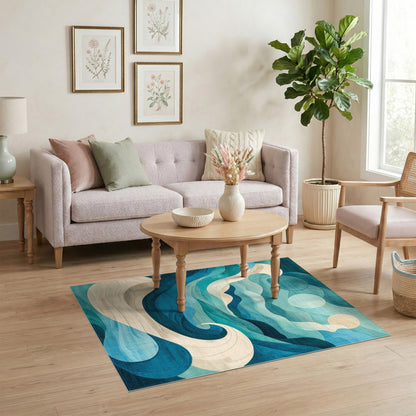 Blue Teal Wave Coastal Blue and Teal Area Rug