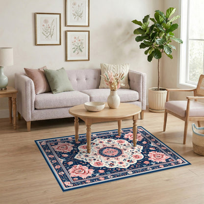 Navy Blue Pink Floral Medallion Area Rug