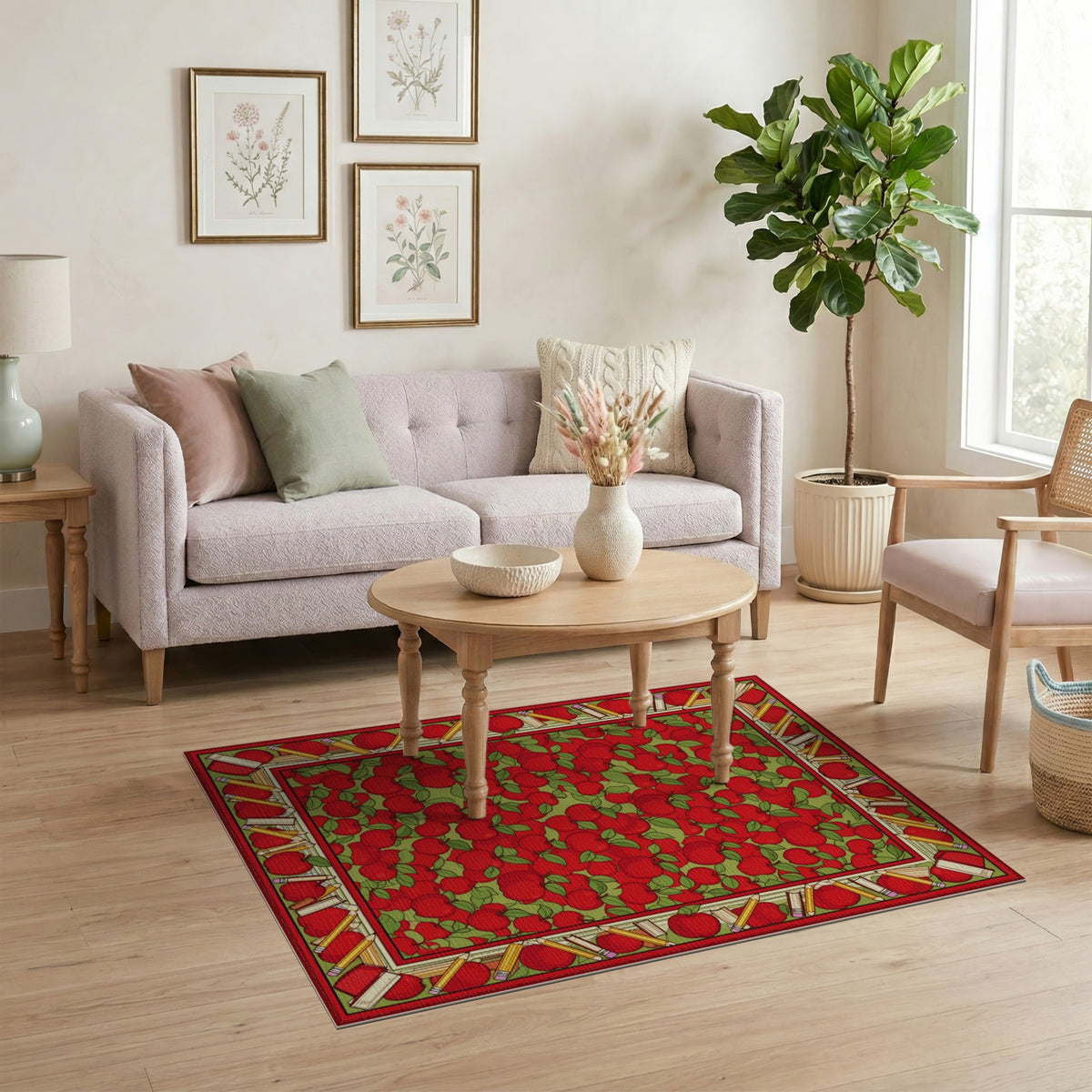 Red Apple Kids Area Rug with Pencil Border