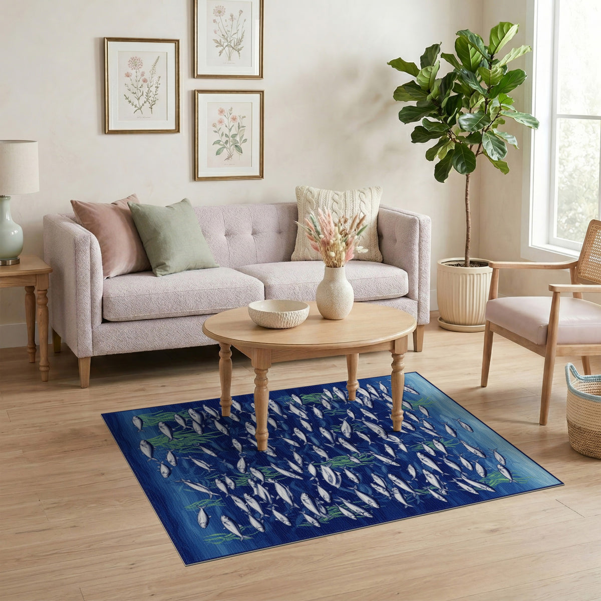 Blue Ocean Fish School Washable Area Rug