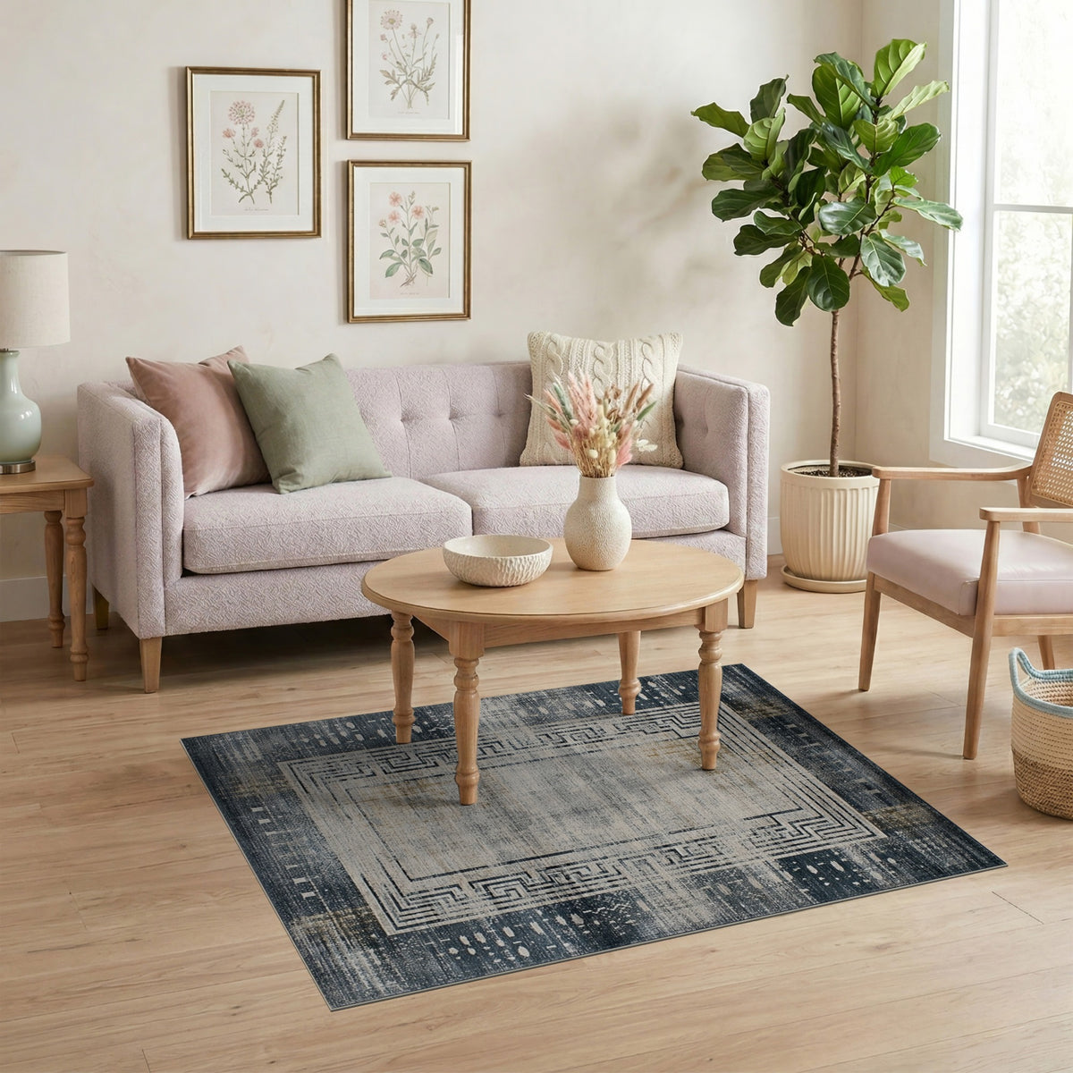 Grey Distressed Vintage Area Rug with Greek Key Border