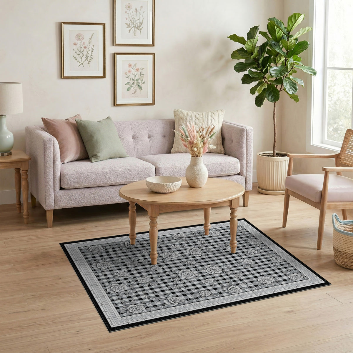 Black White Rose Gingham Area Rug