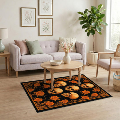 Orange Skull Rose Vintage Floral Rug