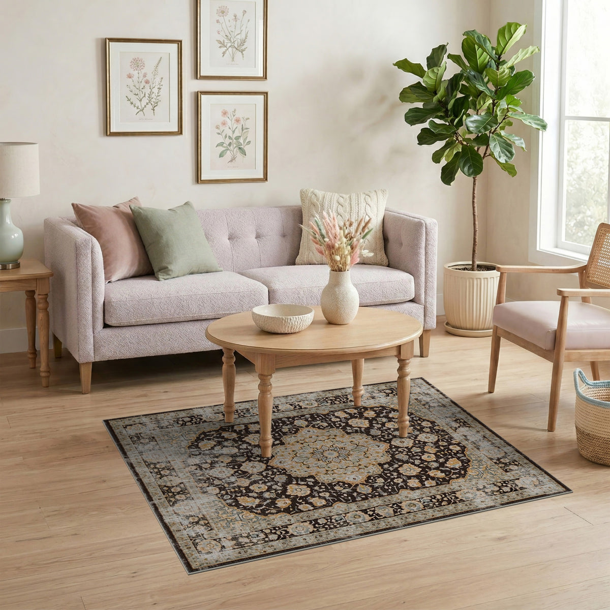 Beige Floral Medallion Distressed Area Rug