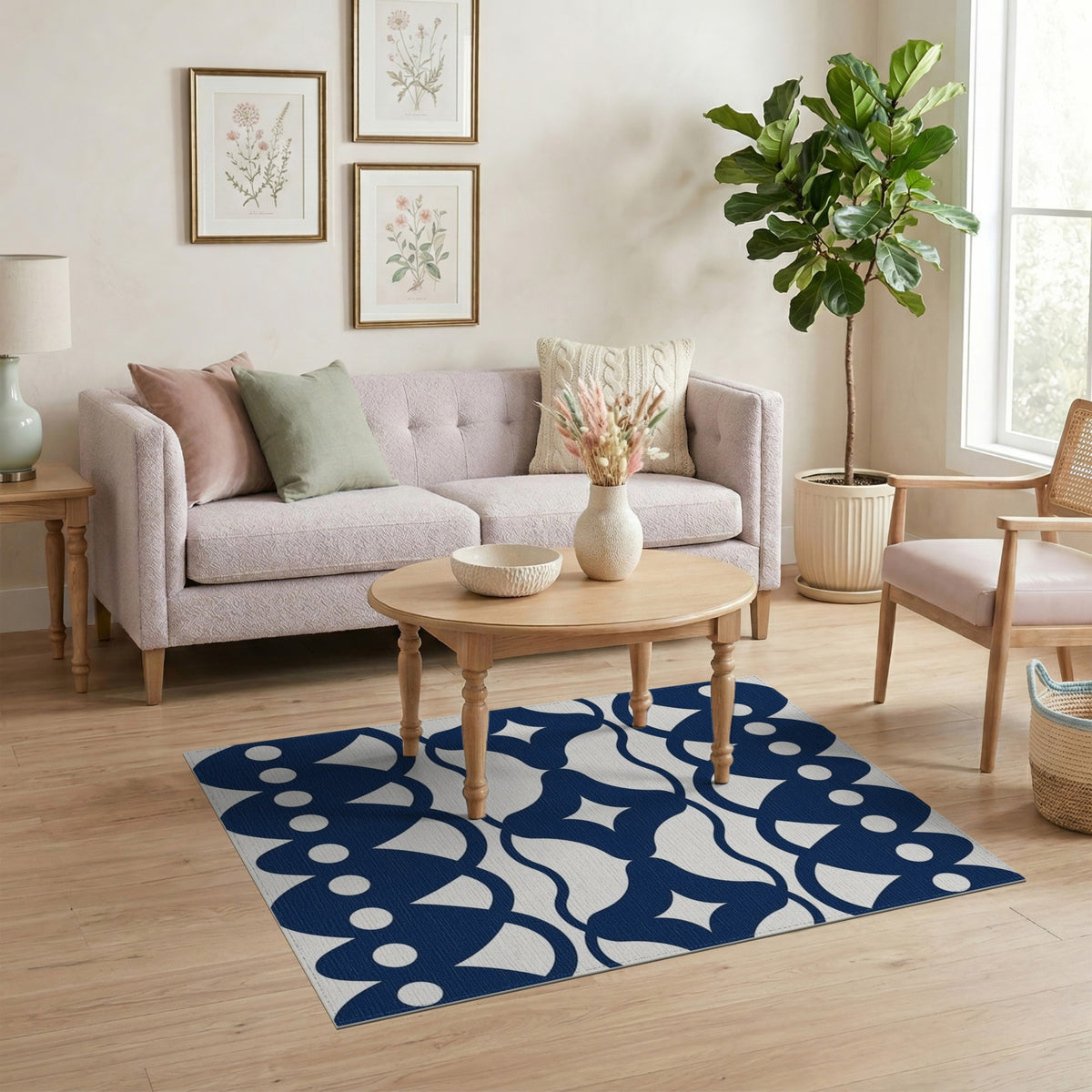 Navy Blue Geometric Scalloped Area Rug
