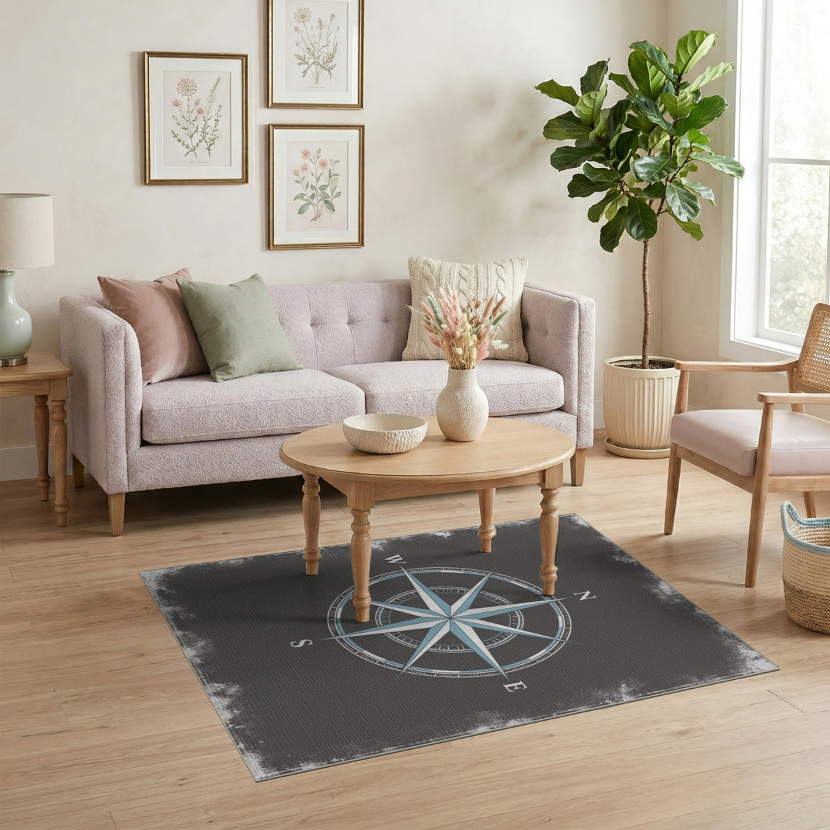 Blue Compass Rose Distressed Area Rug