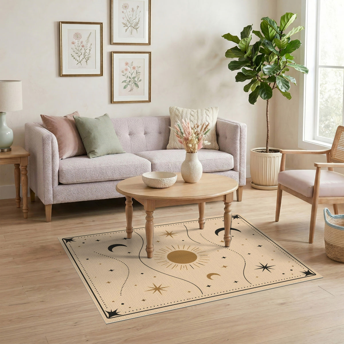 Boho Celestial Beige Area Rug with Sun and Moons